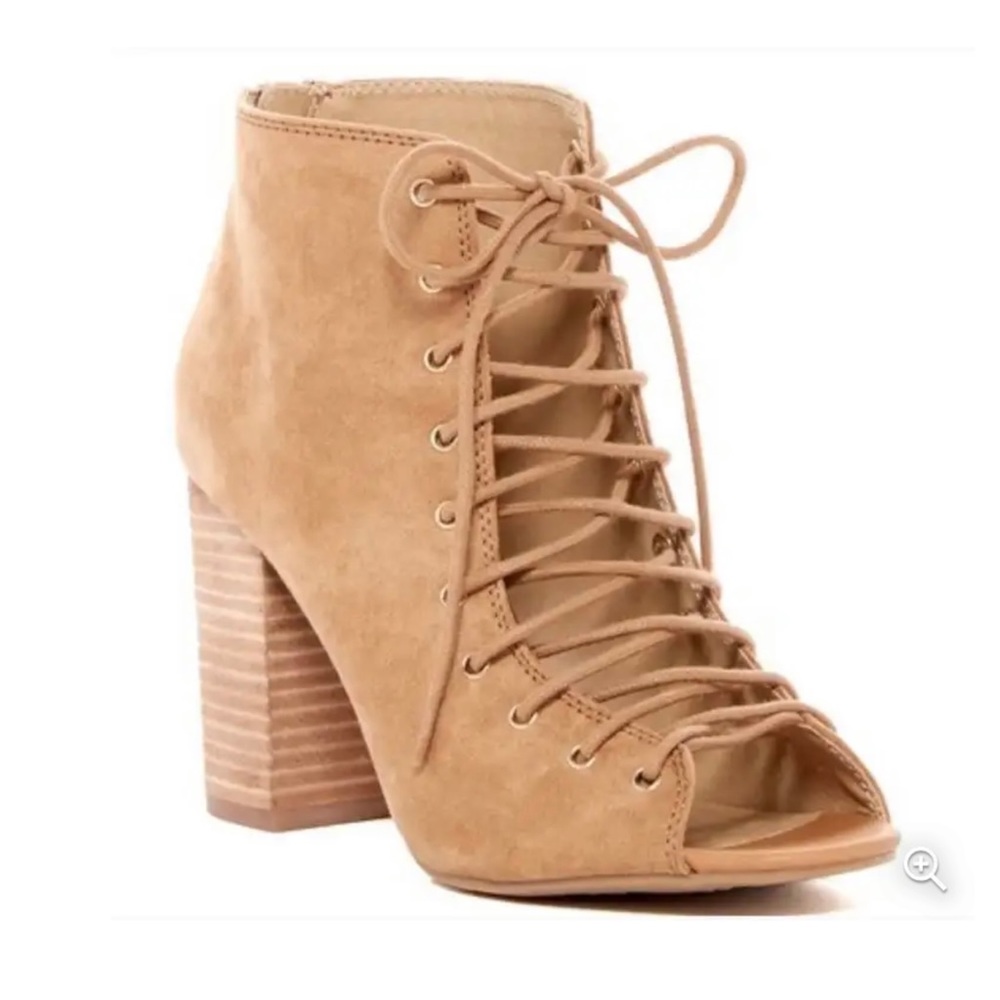 Chinese Laundry Size 9.5  “Biggest Z” Tan Laced Peep-toe Stack Heel Faux…